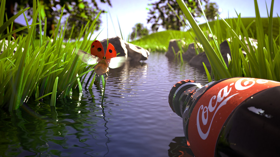 Ladybug flying next to Coke Bottle, floating down the stream